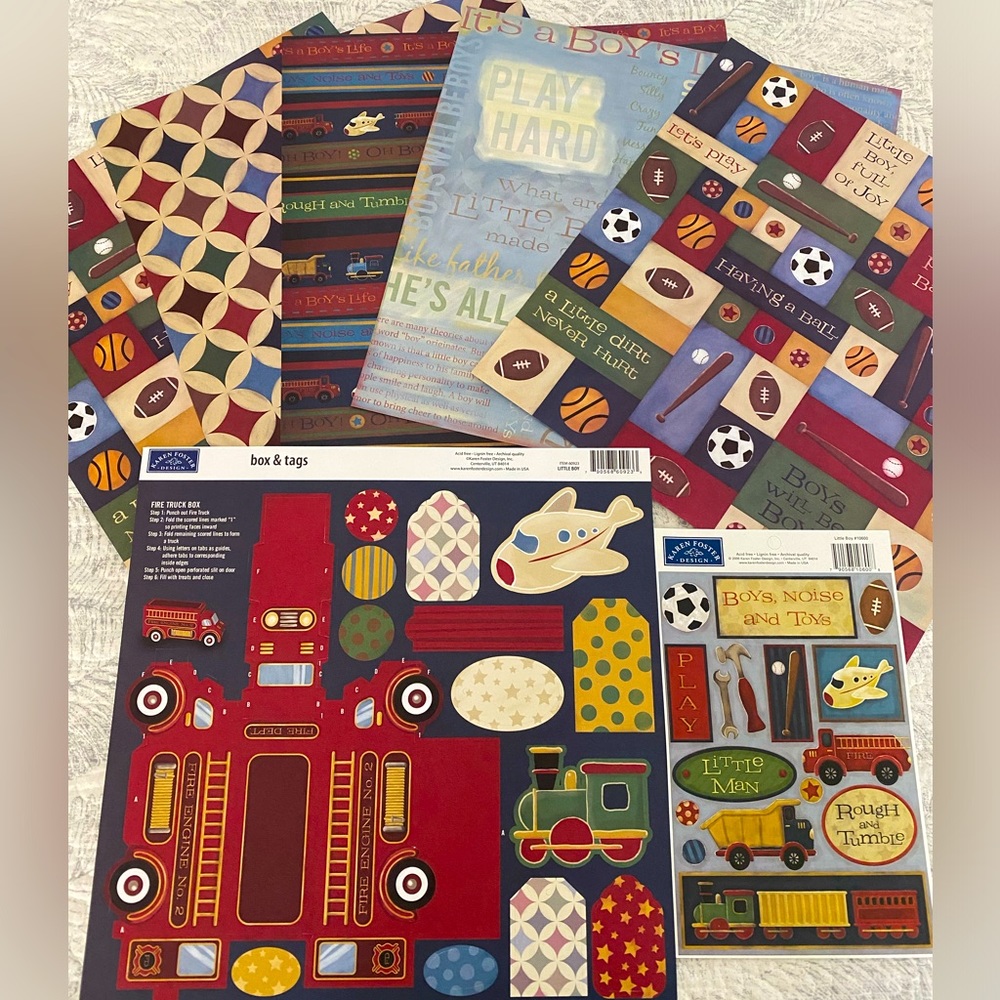 🛻 KAREN FOSTER DESIGN “LITTLE BOY” STICKERS & SCRAPBOOK PAPER BUNDLE! RETIRED!
